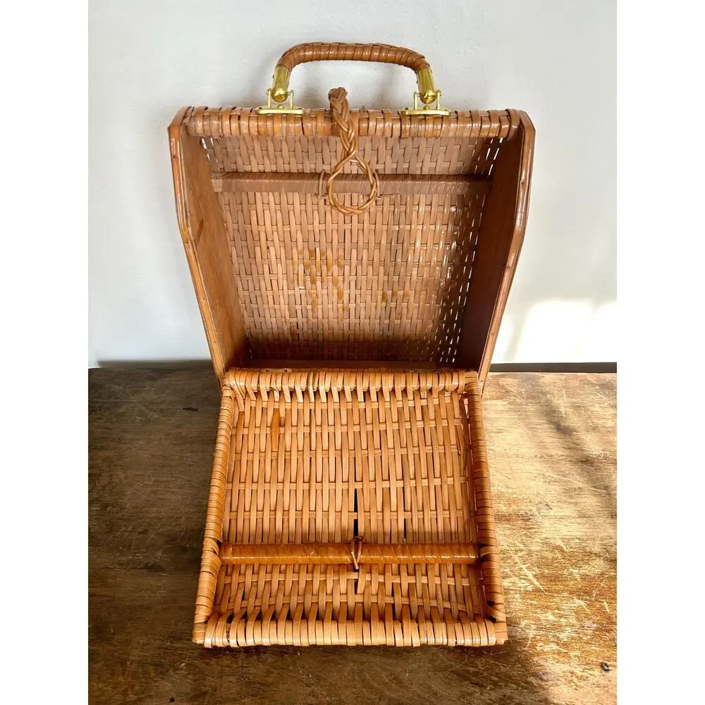 Vintage Wicker Wine Bottle Carrier Picnic Basket, Mid Century Barware Decor